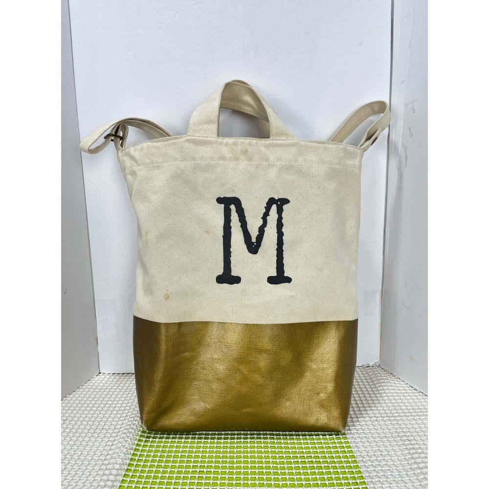 BAGGU x West Elm Duck Bag Canvas Tote Gold Dipped Monogram‎ M Crossbody Cream